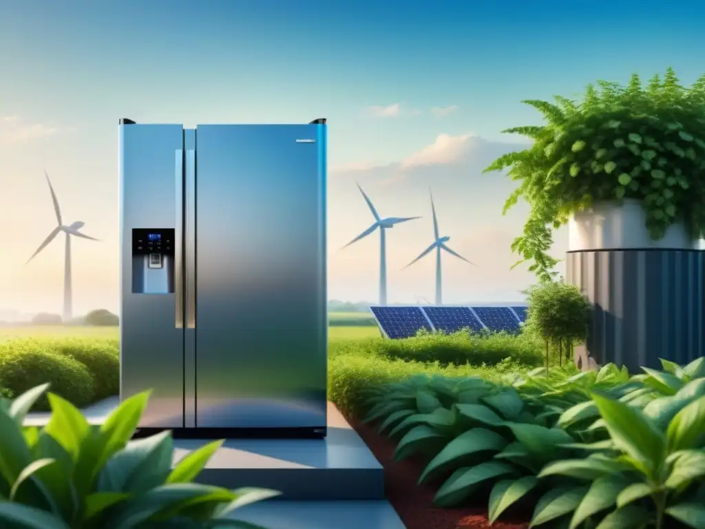 Un refrigerador moderno rodeado de plantas verdes y paneles solares, con turbinas eólicas al fondo