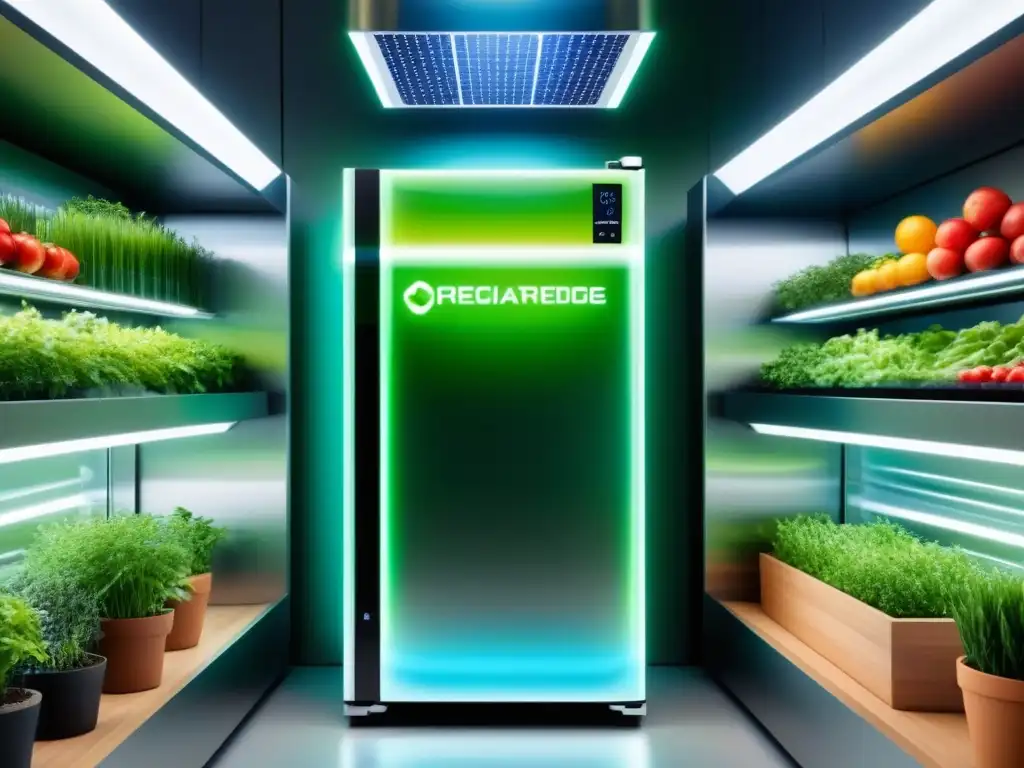 Refrigerador sostenible con tecnologías de refrigeración sostenible integrado en ambiente ecológico futurista