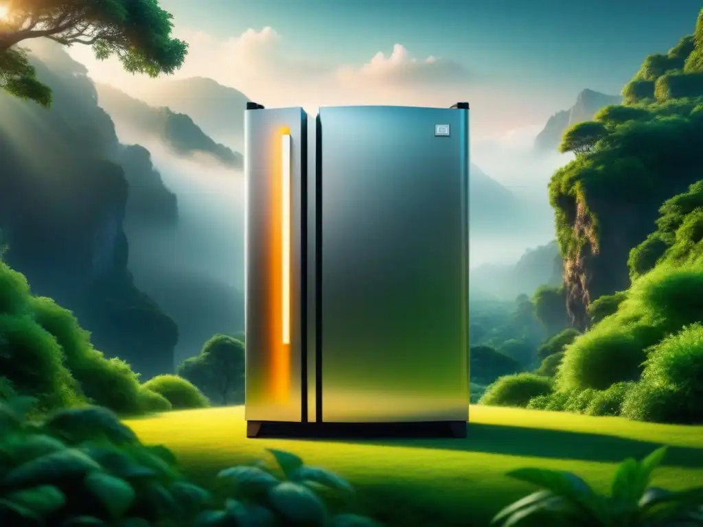 Refrigerantes bajo GWP impacto ambiental: Un refrigerador futurista y ecológico en armonía con exuberante vegetación