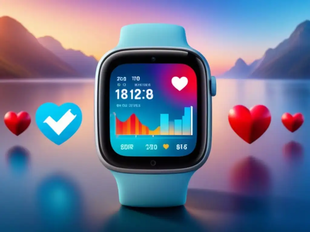 Un reloj inteligente moderno con pantalla táctil vibrante mostrando monitor de ritmo cardíaco, rodeado de iconos de salud