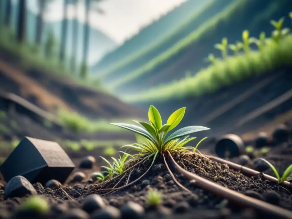 Renacimiento verde: bioremediación en minería sostenible, plantas brotando en terreno restaurado