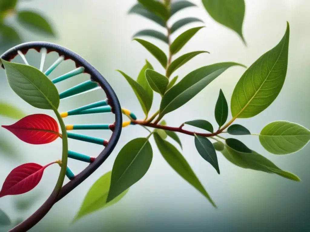 Una representación detallada y minimalista de plantas y ADN, simbolizando la conexión entre regulaciones de biodiversidad y recursos genéticos