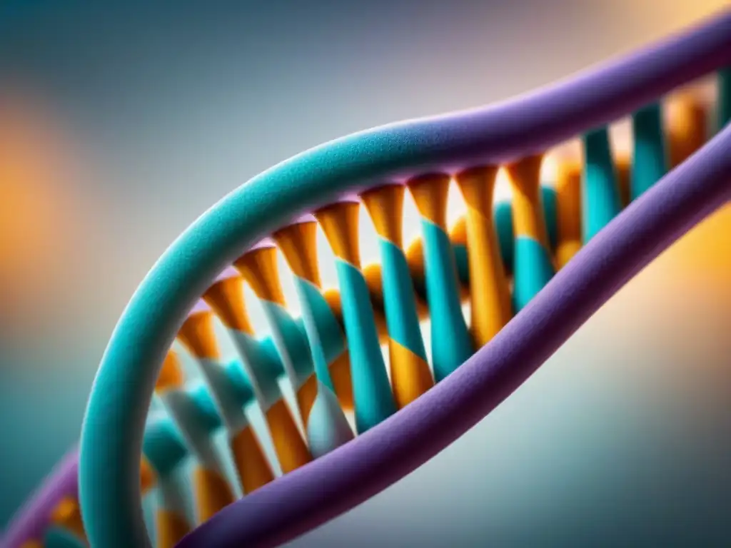 Una representación detallada y ultrarrealista de una doble hélice de ADN, destacando los pares de bases en colores vibrantes sobre un fondo blanco