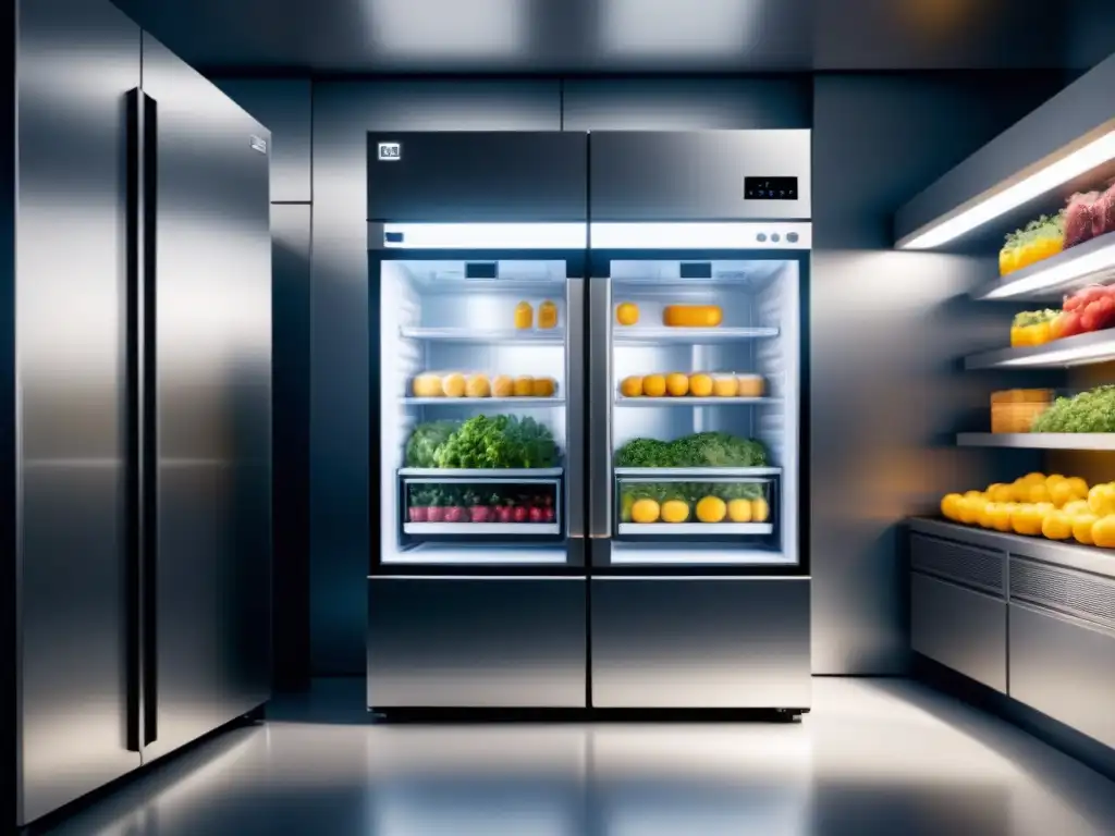 Una representación detallada de una unidad de refrigeración moderna y elegante diseñada específicamente para el almacenamiento sostenible de alimentos