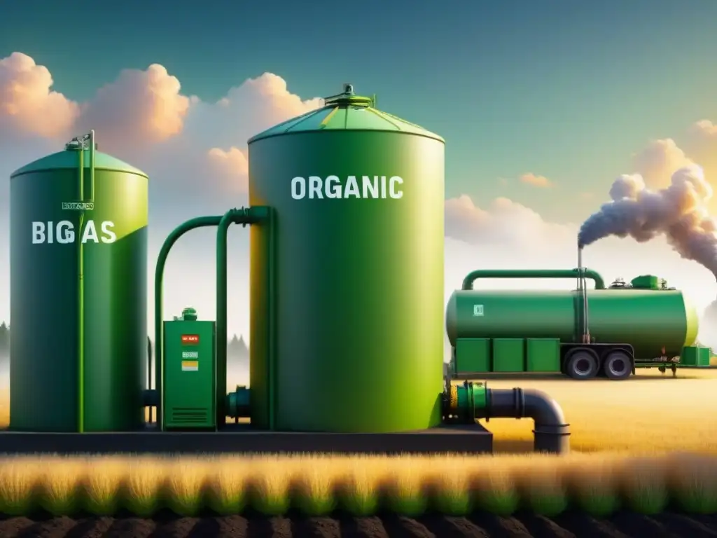 Transformación de residuos orgánicos en biogás: desde la recolección hasta la producción de energía, en ilustración detallada y educativa