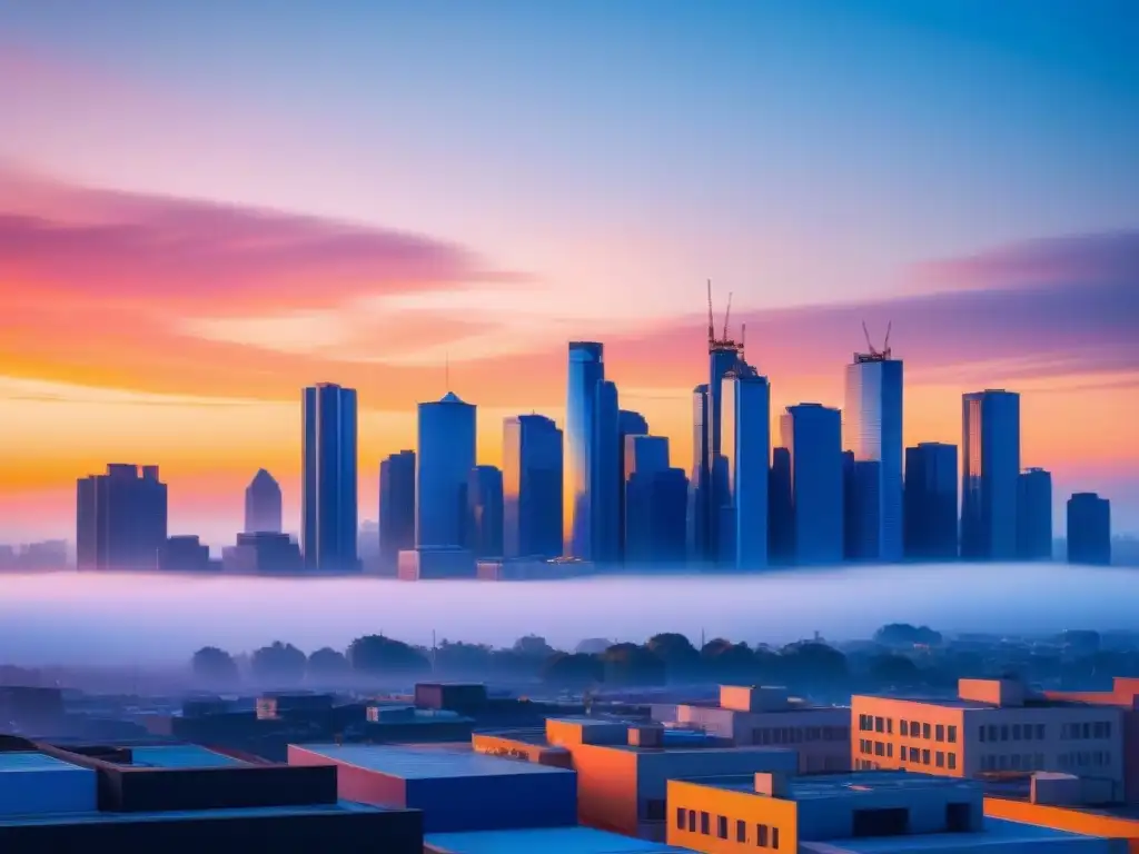 Transformación de residuos urbanos en energía limpia: una ciudad moderna al atardecer, con edificios brillantes y cielo anaranjado