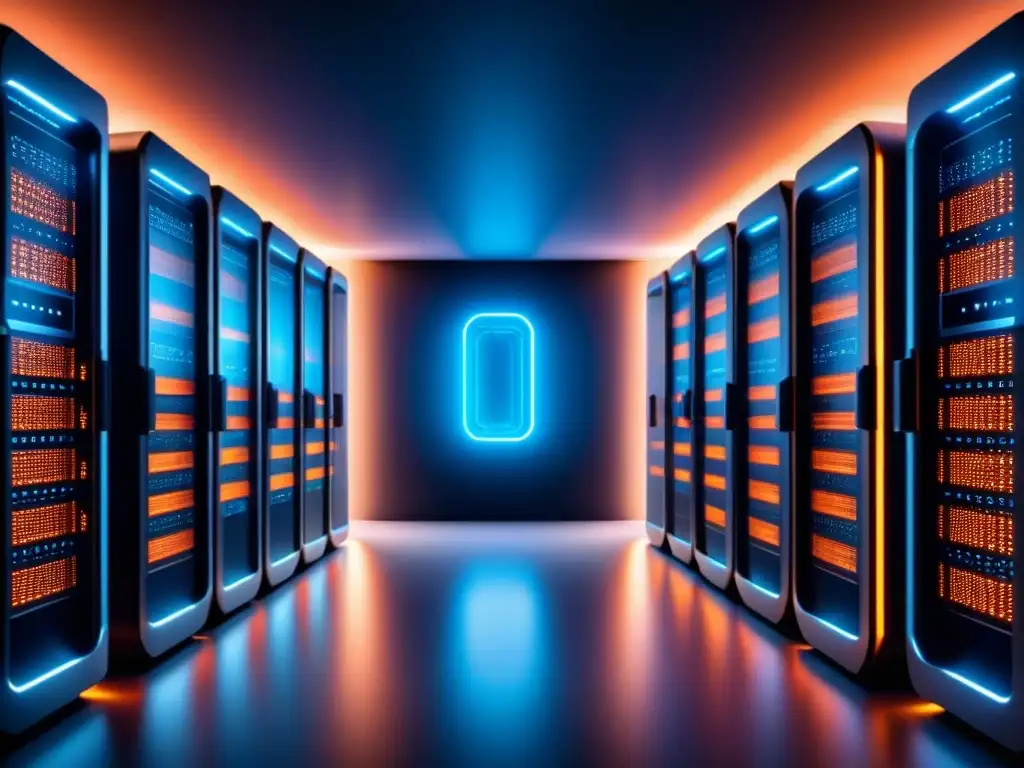 Resplandeciente supercomputadora futurista, con circuitos brillantes en la oscuridad