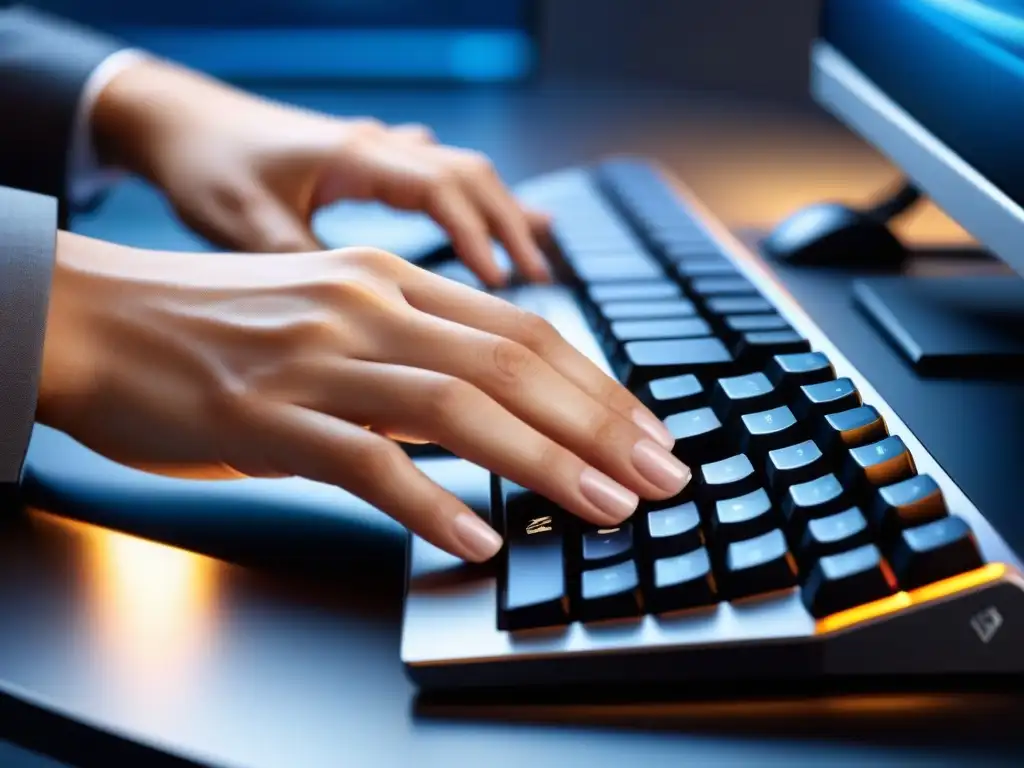 Un retrato detallado de manos de trabajador en teclado ergonómico, transmitiendo eficiencia y comodidad