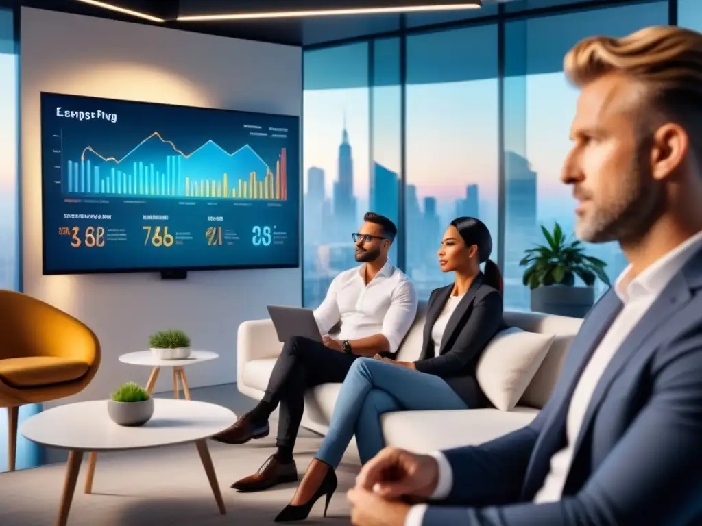 Reunión de emprendedores en oficina moderna con pantalla digital Una reunión de emprendedores en una oficina moderna, discutiendo un pitch ganador para inversores tecnológicos