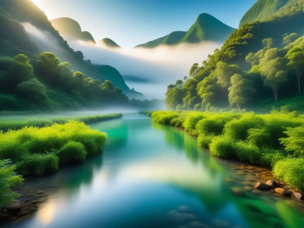 Río cristalino fluyendo en un bosque verde, con reflejos de sol en el agua