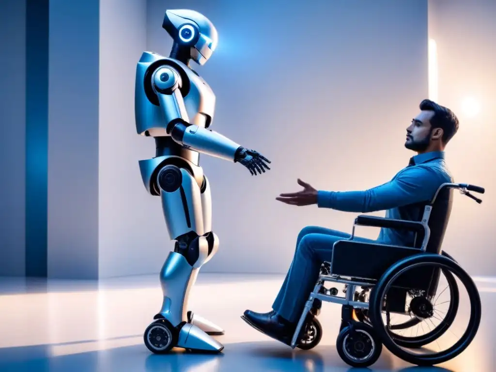 Robot asistente ayuda a levantarse a persona en silla de ruedas Un robot de asistencia para discapacitados ayuda a una persona en silla de ruedas a ponerse de pie en una habitación blanca futurista