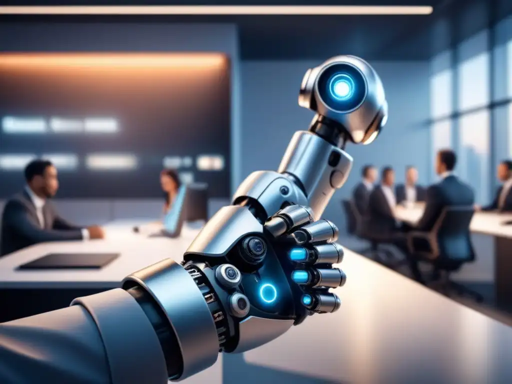 Un robot de asistencia en laboral, elegante y plateado, extiende una mano hacia trabajadores diversos en una oficina moderna