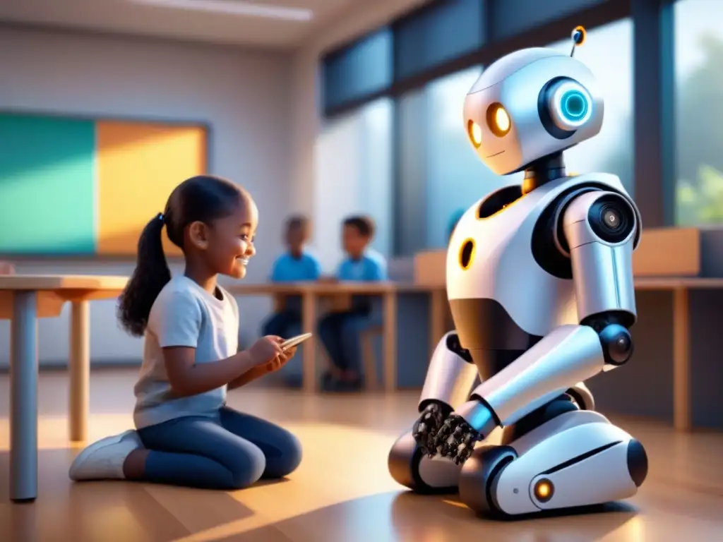 Un robot de asistencia para niños colabora con cariño en un aula inclusiva y luminosa