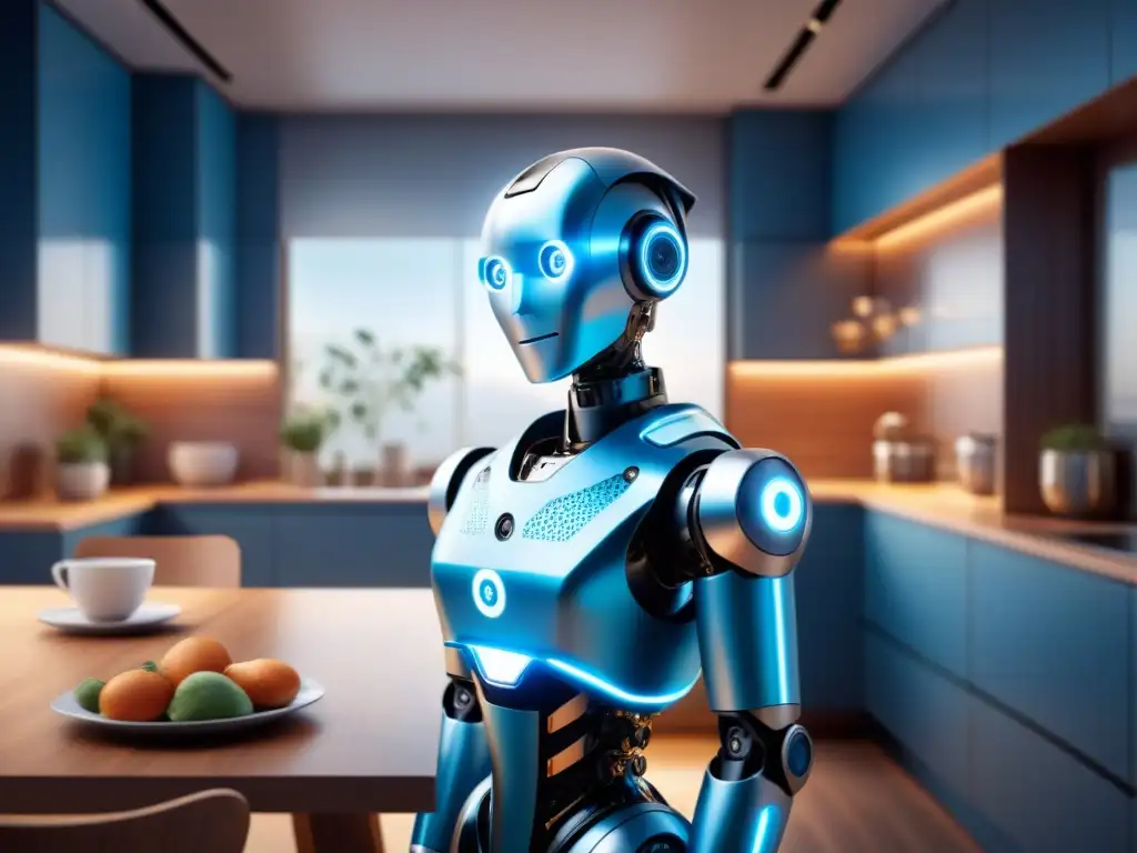 Un robot de asistencia personal con inteligencia artificial ayuda a una persona mayor a poner la mesa en una cocina moderna y minimalista