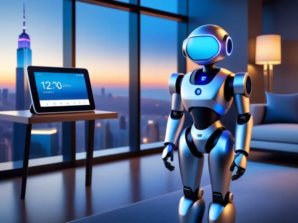 Robot de asistencia personal tecnología en sala luminosa y moderna con vista urbana al atardecer