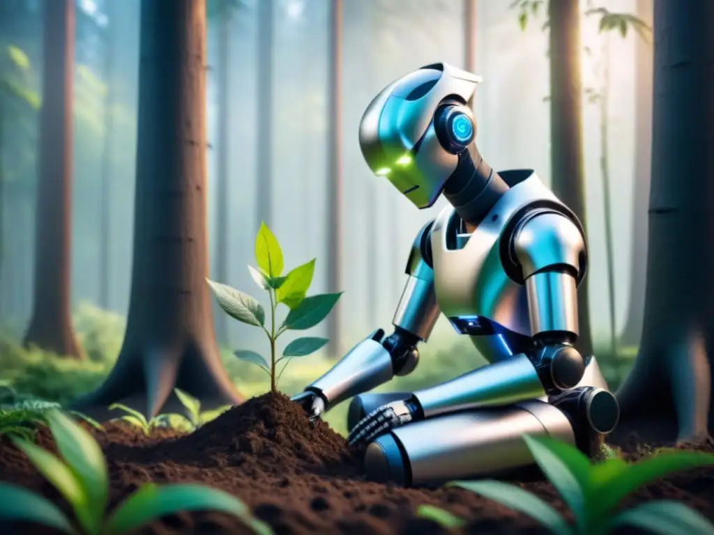 Un robot de asistencia sostenibilidad ambiental plantando árboles en un bosque verde exuberante