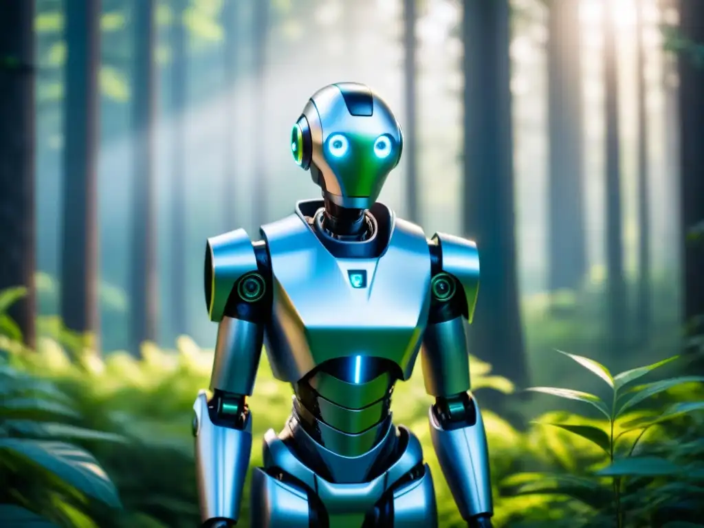 Robot de asistencia sostenibilidad ambiental en bosque vibrante y cielo azul, fusión elegante entre tecnología y naturaleza