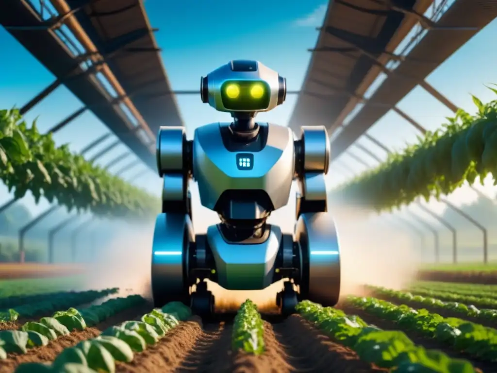 Un robot autónomo en un campo verde, innovador y eficiente, en un entorno agrícola sostenible