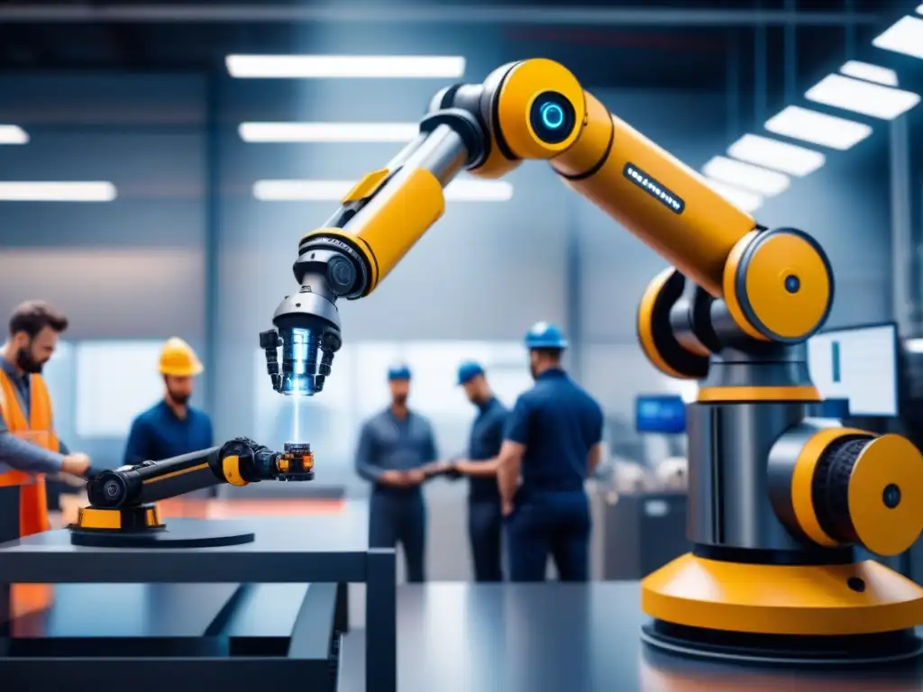 Robot avanzado con IA previene riesgos laborales en un entorno industrial, destacando la Inteligencia Artificial en prevención laboral