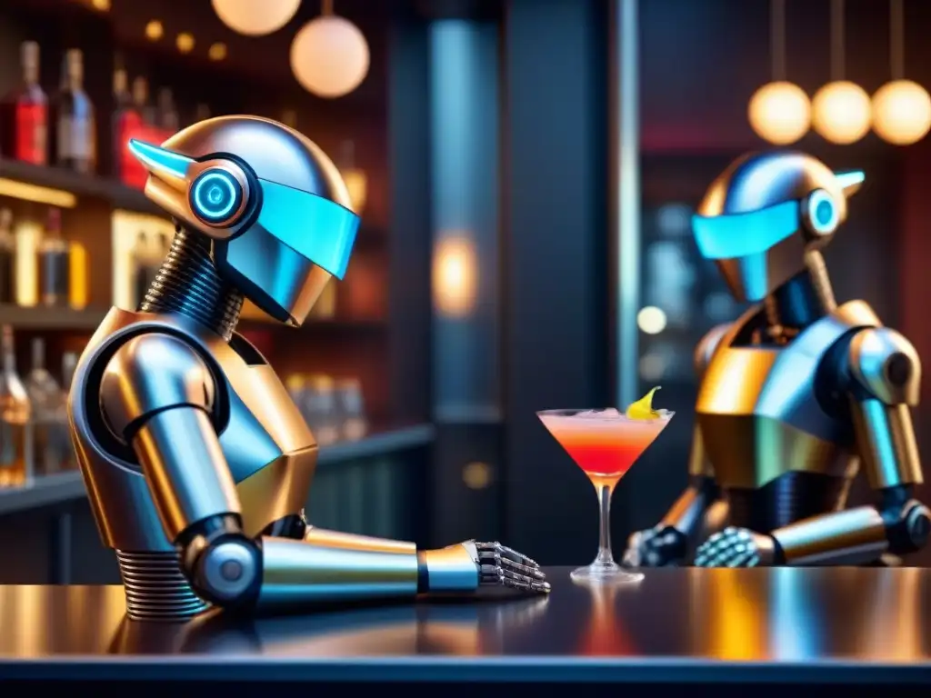 Un robot barman moderno preparando un cóctel colorido con precisión y gracia en un elegante bar futurista