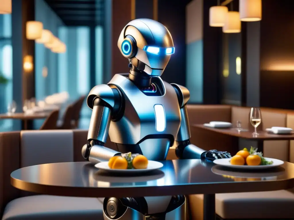 Un robot camarero futurista sirviendo en un restaurante sostenible