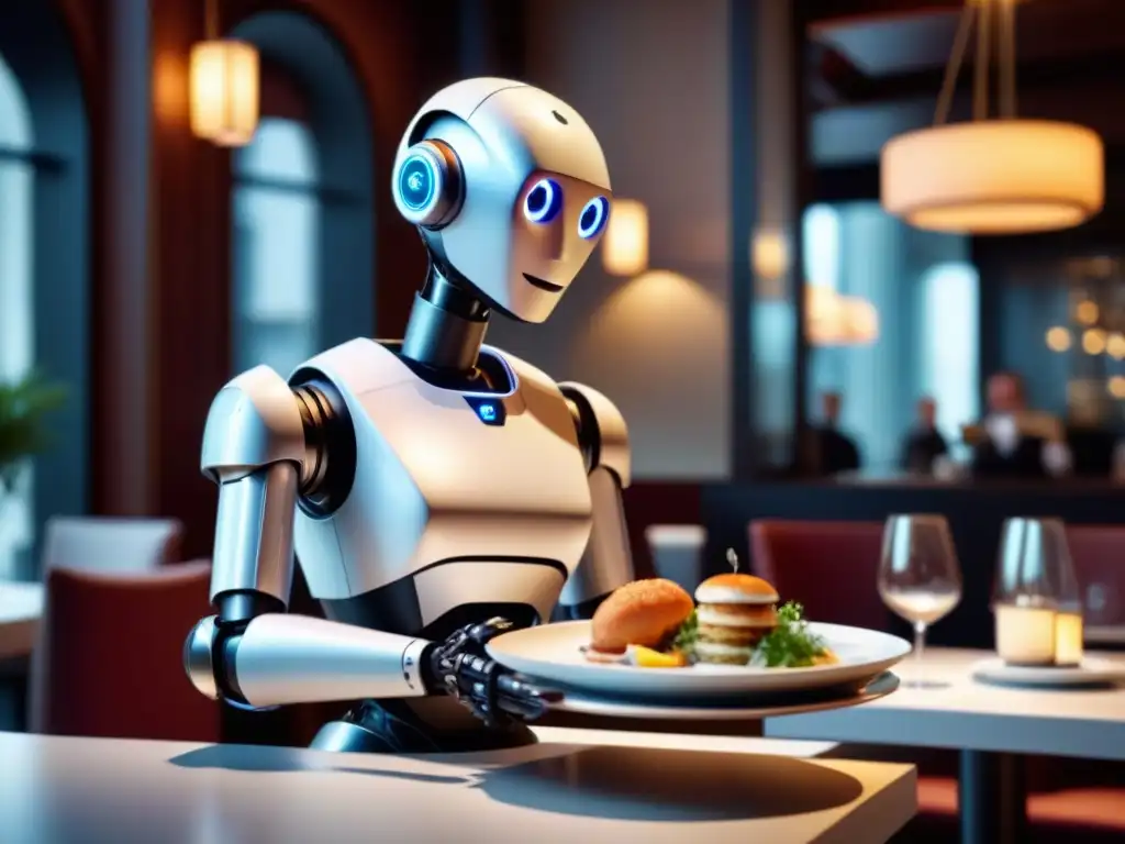 Un robot camarero moderno y elegante entrega platos en un restaurante sofisticado