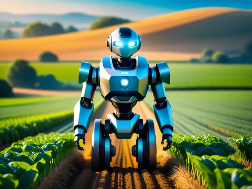 Robot autónomo en campo agrícola sostenible, entre cultivos y cielo azul