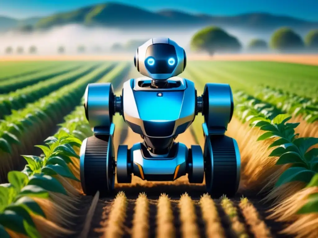 Un robot autónomo recorre un campo agrícola verde rodeado de cultivos vibrantes bajo un cielo azul