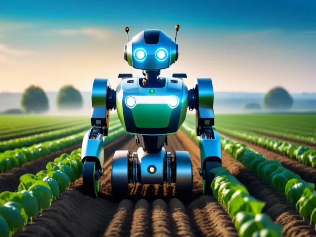 Un robot agrícola futurista siembra cultivos en un campo soleado, mostrando la robótica en siembra de precisión