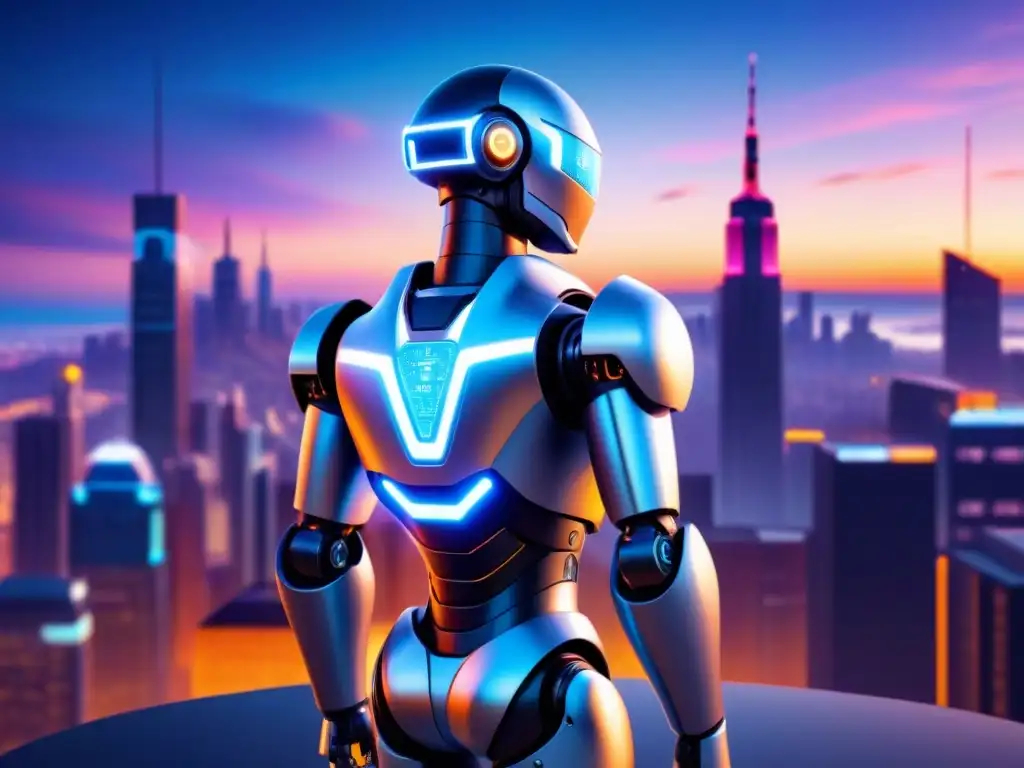 Robot AI futurista analizando datos en ciudad nocturna Robot AI analizando datos en interfaz digital con gráficos brillantes, ciudad al fondo al atardecer