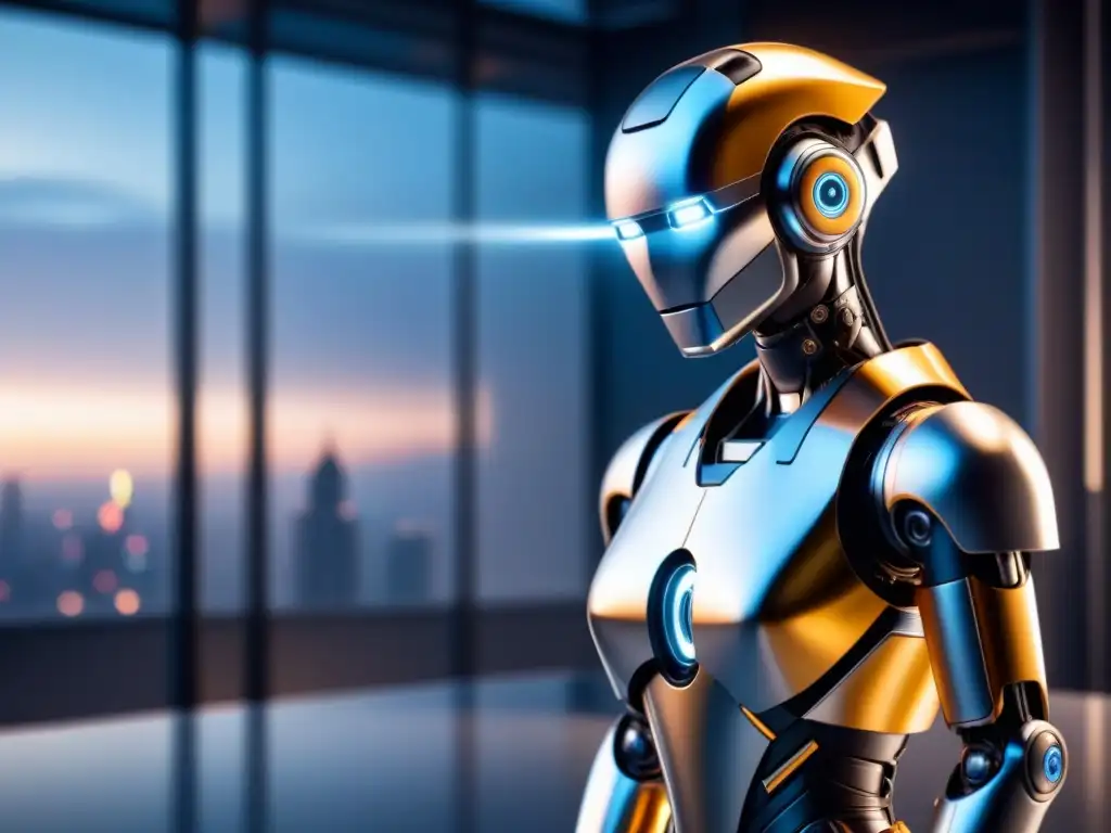 Un robot elegante y minimalista con detalles metálicos, bajo luz ambiental