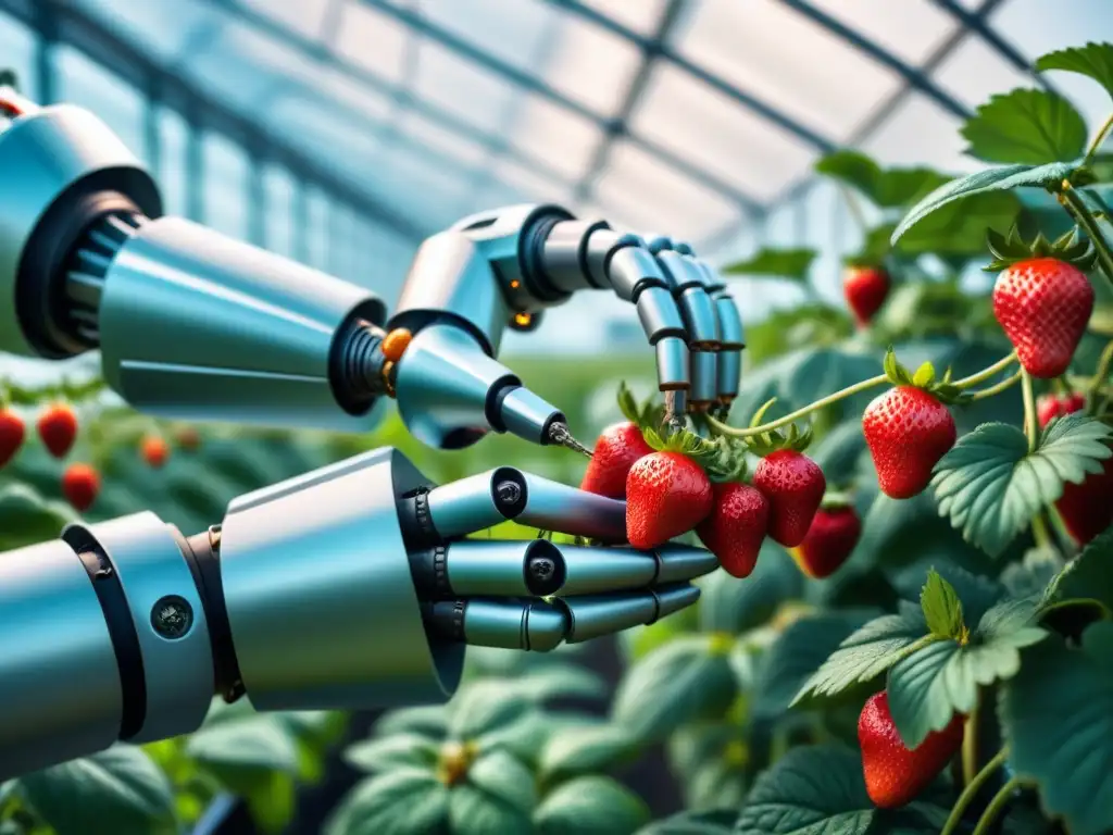 Un robot cosechando fresas en un invernadero futurista