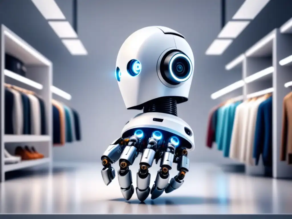 Un robot futurista organiza con precisión artículos personalizados en una interfaz digital, fusionando automatización y personalización en la experiencia de compra