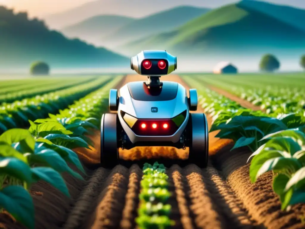 Robot futurista en campo agrícola: tecnología y naturaleza Un robot futurista en un campo agrícola, equilibrando tecnología y naturaleza para maximizar la producción