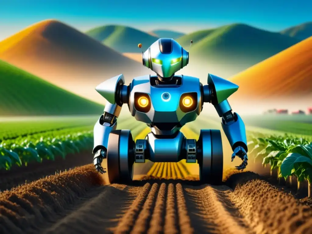 Robot futurista 8k cuidando cultivos en campo verde Un robot futurista en un campo verde cuidando cultivos