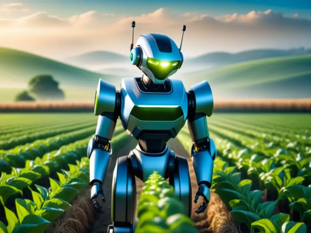 Un robot futurista en un campo verde, con múltiples brazos y sensores, integrándose perfectamente en la naturaleza