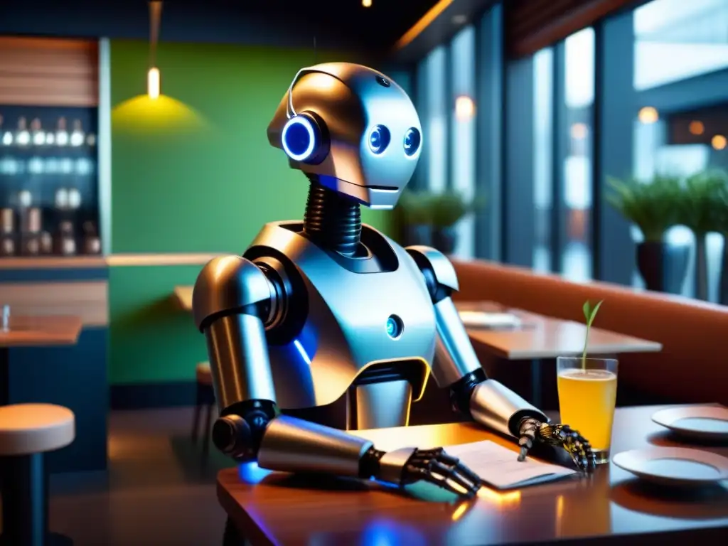 Un robot futurista sirviendo a clientes en restaurante sostenible