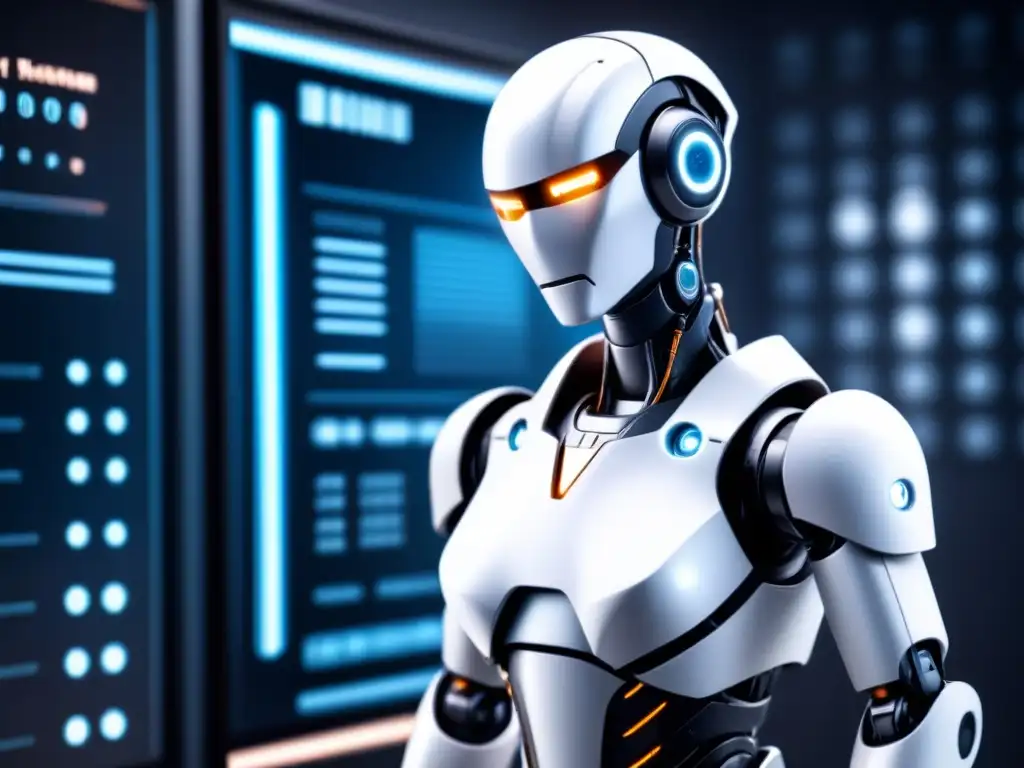 Robot AI futurista creando contenido digital Un robot AI futurista analiza contenido rodeado de código binario