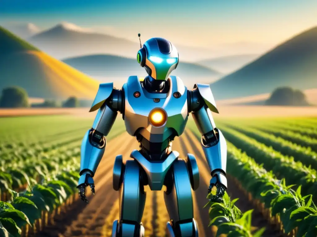 Robot futurista cosechando cultivos en campo soleado Un robot futurista cosechando cultivos en un campo soleado, maximizando la producción agrícola