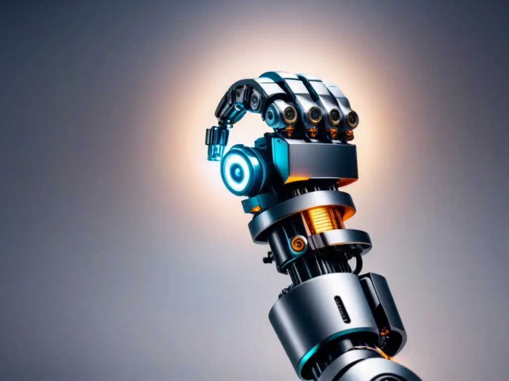 Un robot futurista con detalles intrincados realiza una tarea precisa, con una interfaz de IA brillante