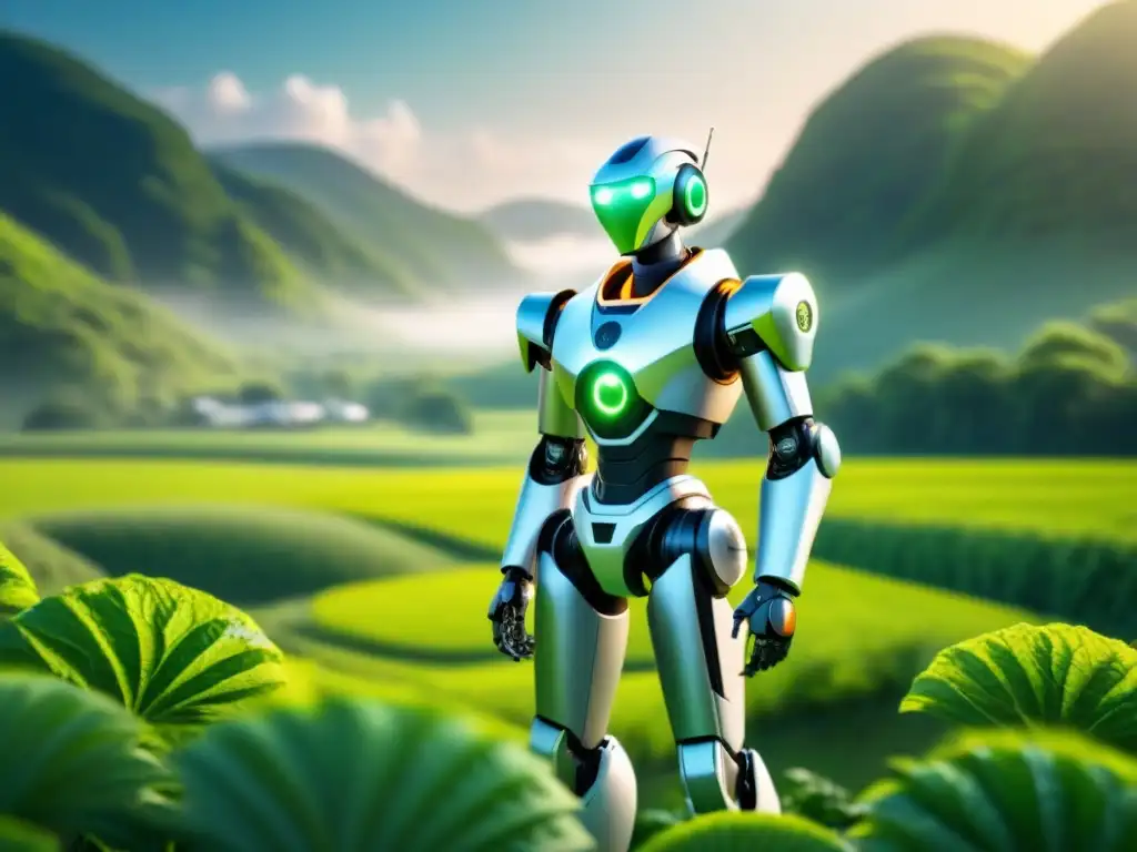 Un robot futurista con diseño detallado, paneles solares y componentes energéticamente eficientes en un paisaje verde