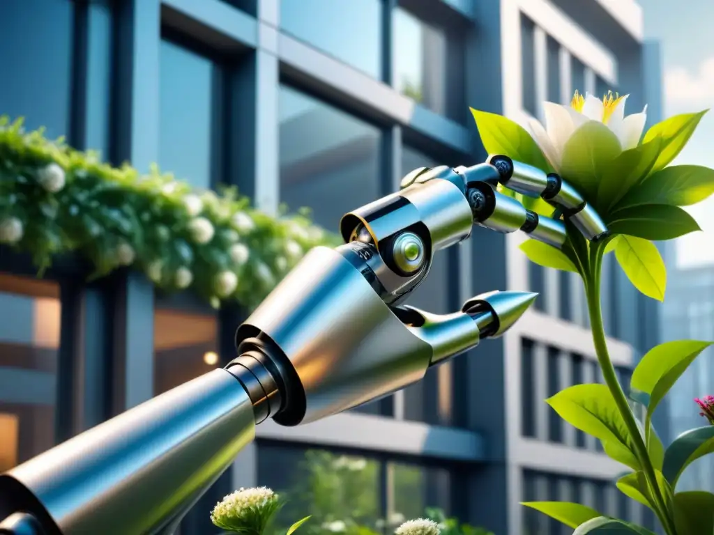 Un robot futurista coloca una flor en un edificio ecológico