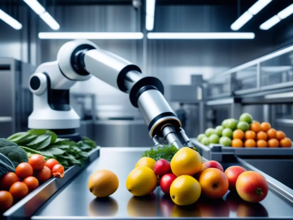 Un robot futurista procesa frutas y verduras en una planta de alta tecnología