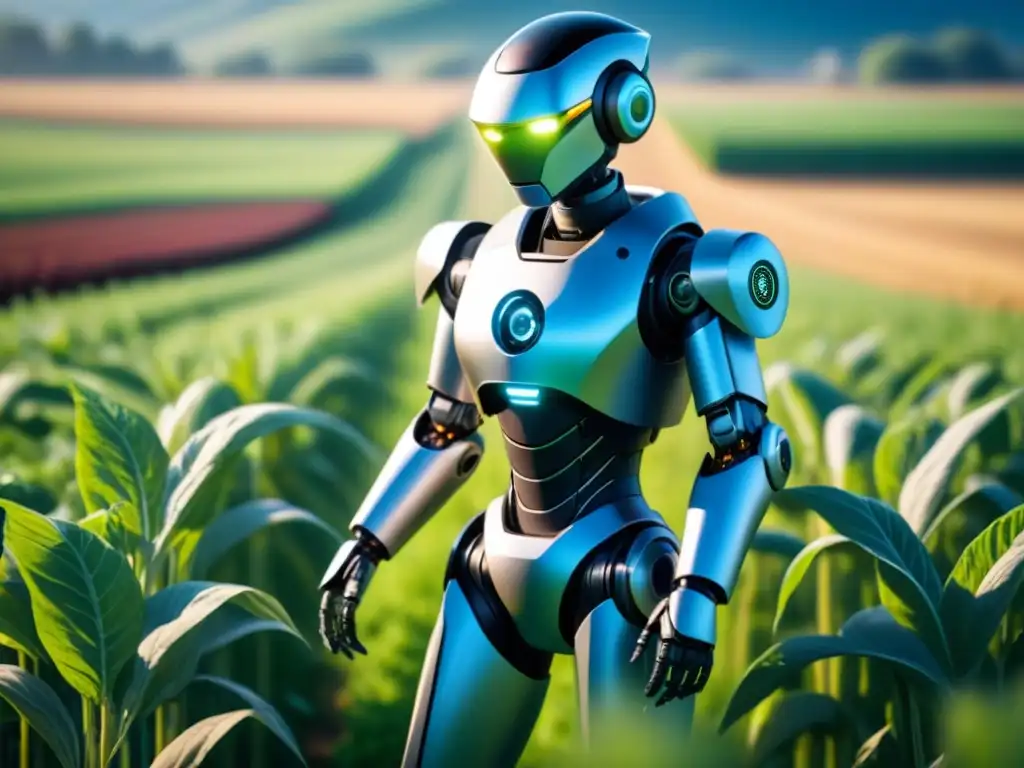 Un robot futurista navega con gracia en un campo verde, exudando innovación en la agricultura sostenible