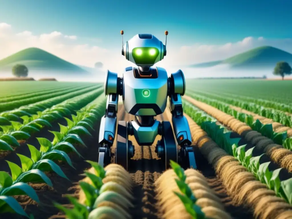 Un robot futurista con herramientas agrícolas de alta tecnología, en un campo verde bajo un cielo azul