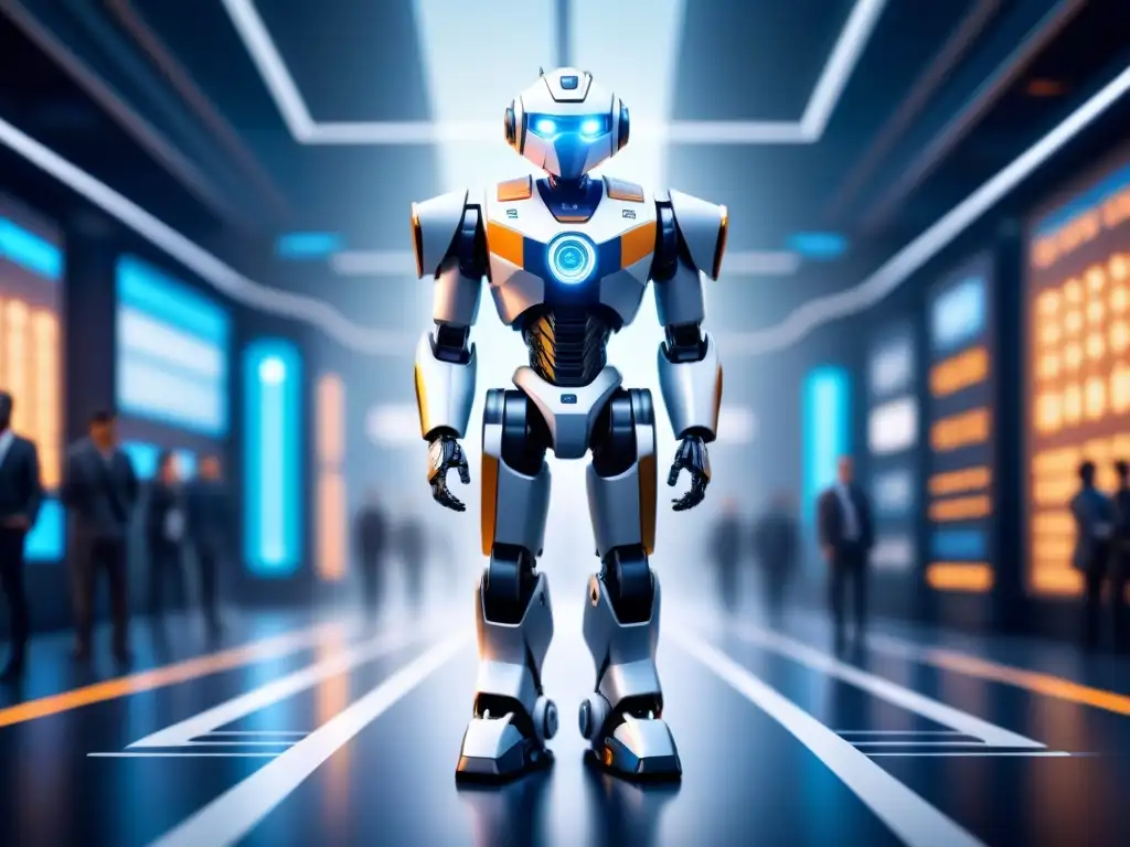 Un robot futurista con inteligencia artificial, rodeado de patrones de circuitos
