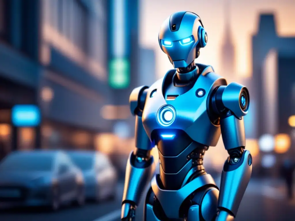 Robot futurista en simbiosis con marketing digital Un robot futurista se fusiona con una interfaz de marketing digital, simbolizando la relación entre inteligencia artificial y marketing de contenido