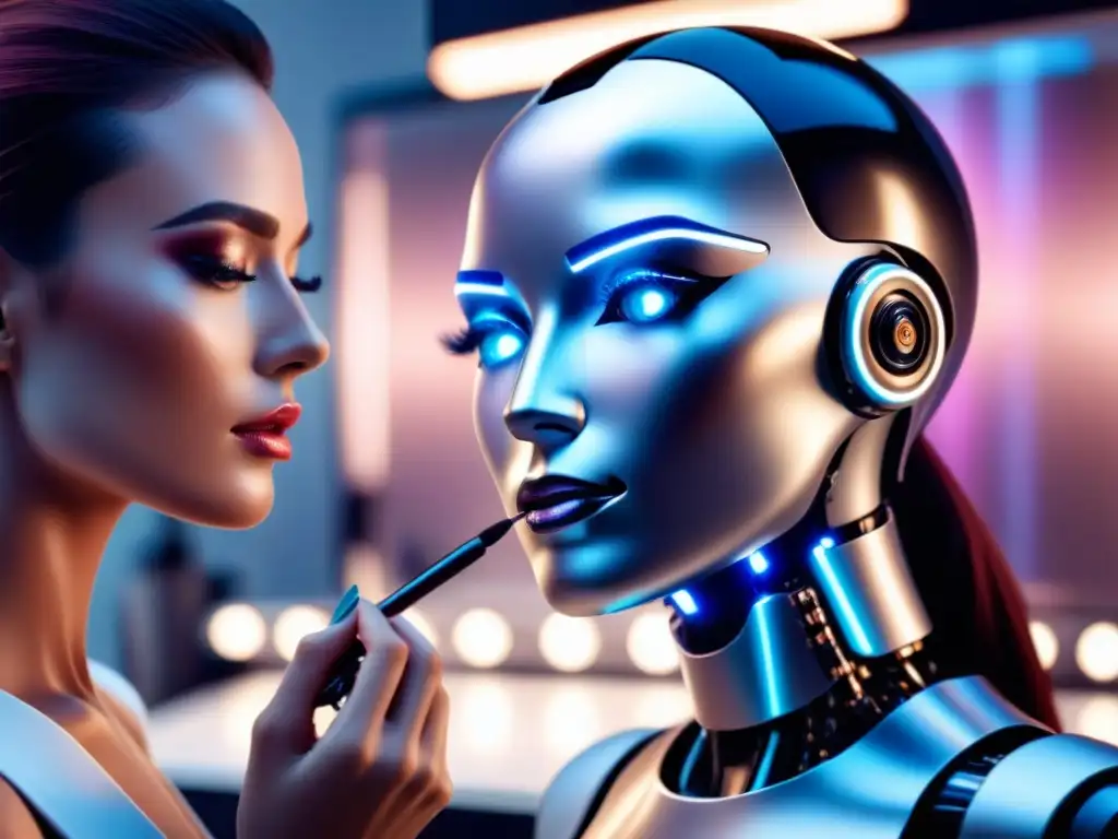 Un robot futurista aplica maquillaje a una modelo en un salón de belleza de alta tecnología