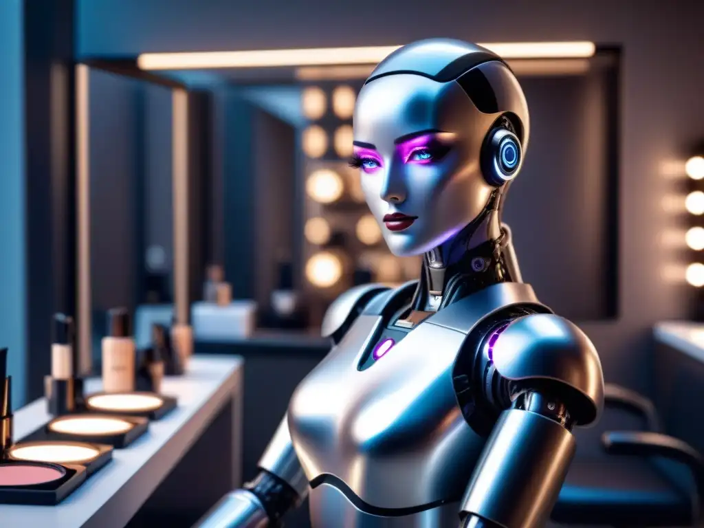 Un robot futurista aplicando maquillaje en un salón de belleza de alta tecnología