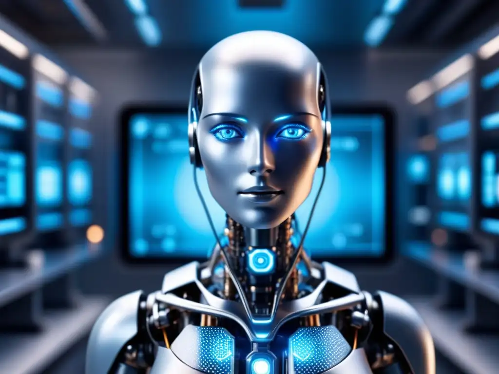 Un robot AI futurista con ojos azules brillantes y circuitos en un laboratorio médico avanzado